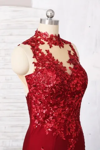 illusion sequin lace appliqued dark red dress