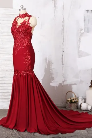sequin lace dark red spandex prom dress