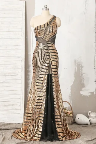 beaded cut out one shoulder gold sequin mermaid prom gown