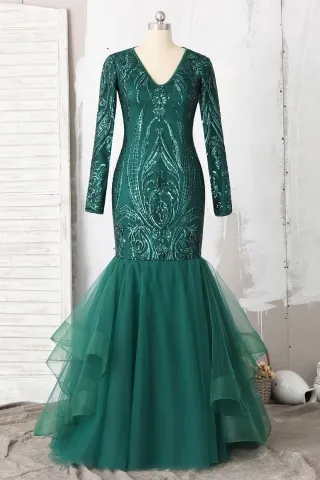 emerald unique sequin long sleeve trumpet tulle prom gown