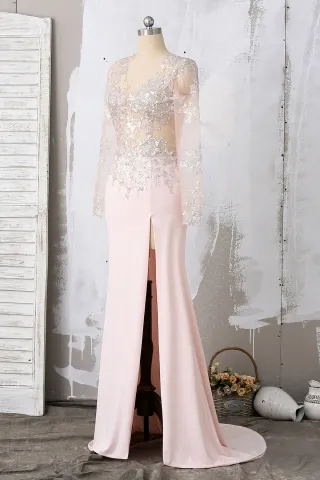 illusion sequin lace sexy slit prom gown