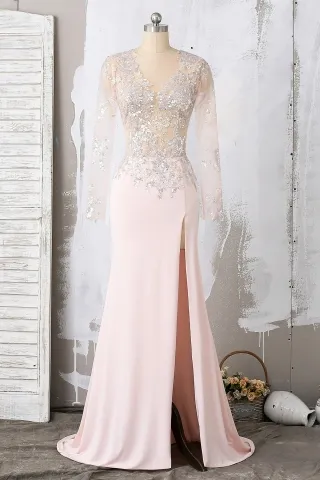 illusion sequin lace sleeve sexy blush slit prom dress