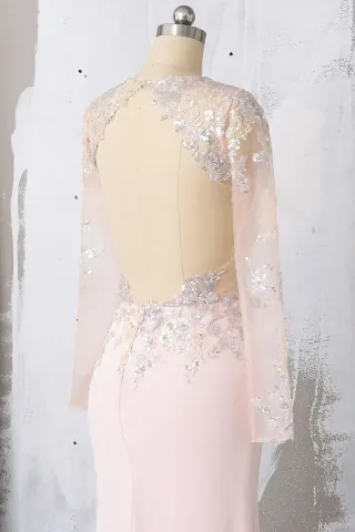 silver sequin open back blush prom dress