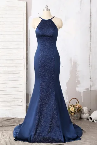 navy blue glitter satin halter strap custom prom dress