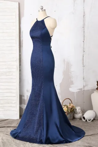 navy blue glitter satin prom dress