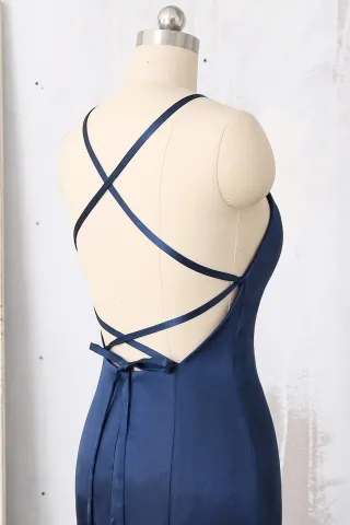 navy satin low back dress with straps back