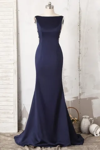 elegant boat neck navy satin lace long evening dress