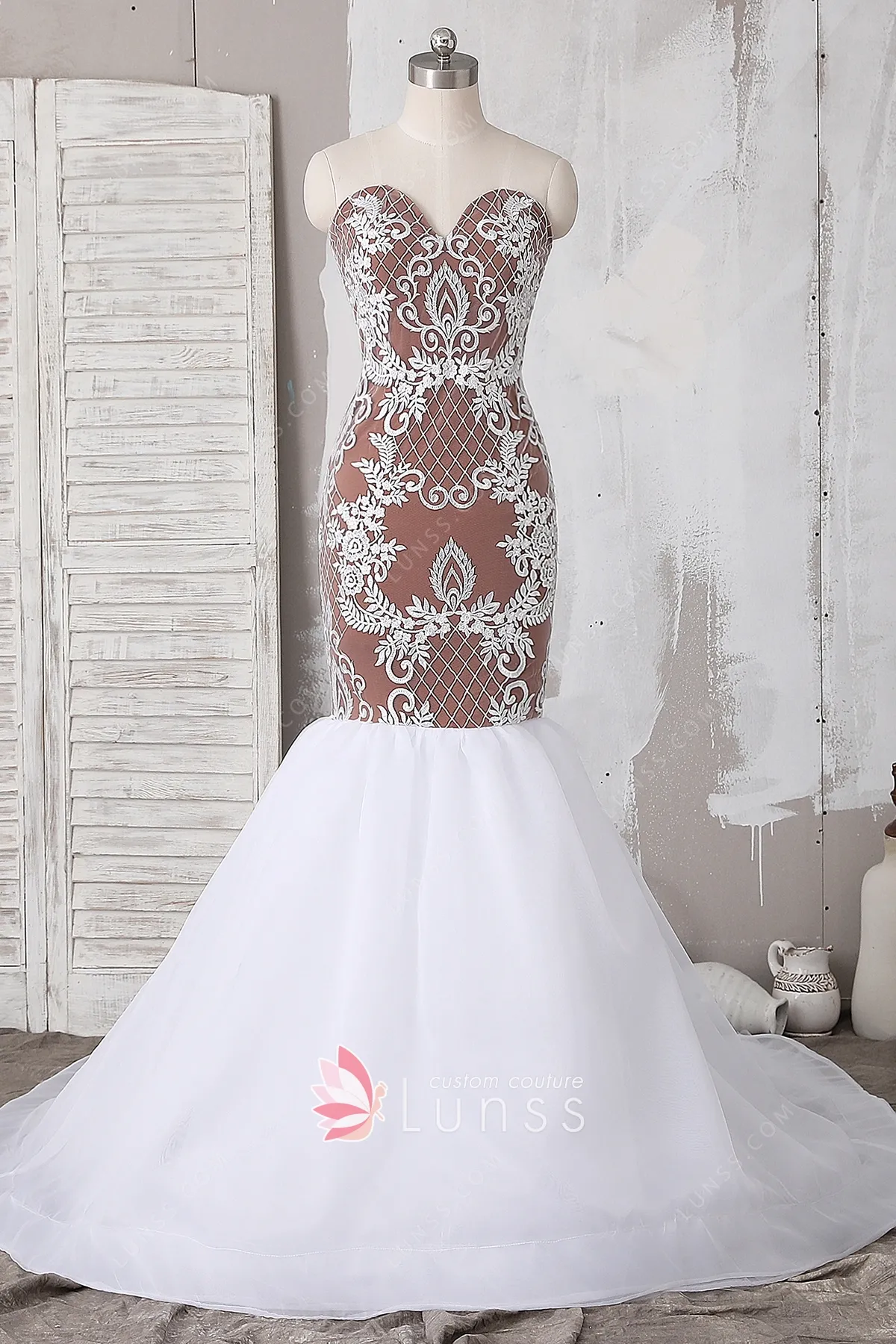 Dark Nude Inner Ivory Lace Sweetheart Trumpet Bridal Gown Lunss