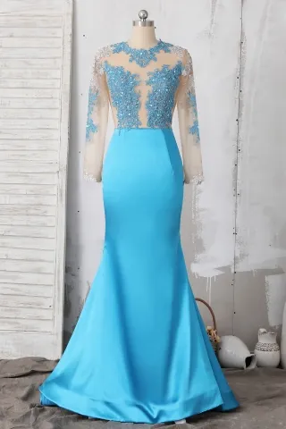 illusion lace bodice sky blue satin mermaid prom dress