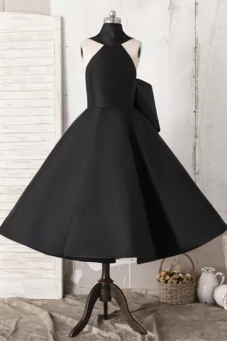 black satin oversized bowknot tea length bridesmaid gown