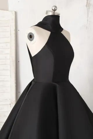 halter neckline black satin dress