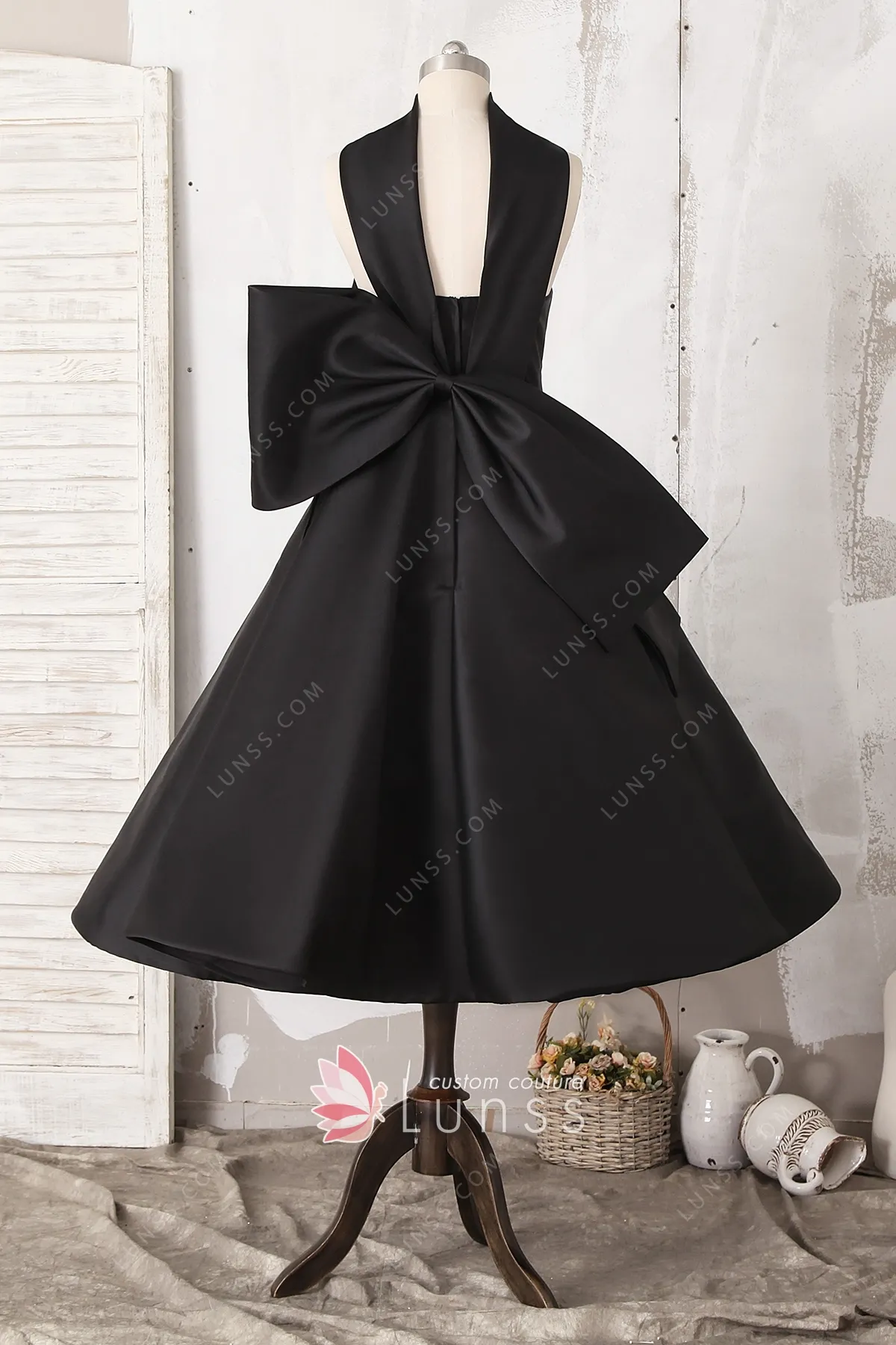 Black Satin Oversized Bowknot Tea Length Bridesmaid Gown - Lunss