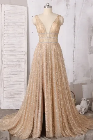 dazzling glitter gold plunging neck designer prom dress