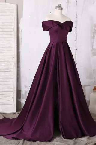 eggplant off the shoulder formal dress
