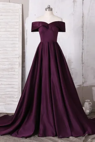 elegant eggplant satin off the shoulder formal dress