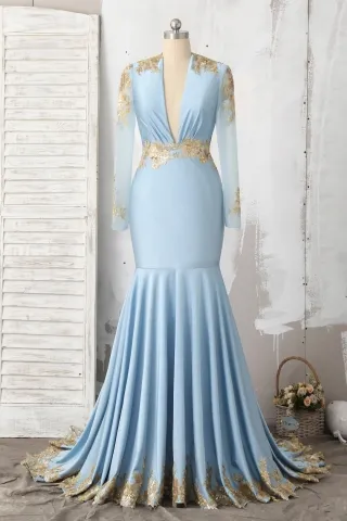 gold sequin lace appliqued baby blue mermaid prom dress