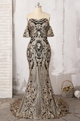 black gold sequin off shoulder african american prom gown