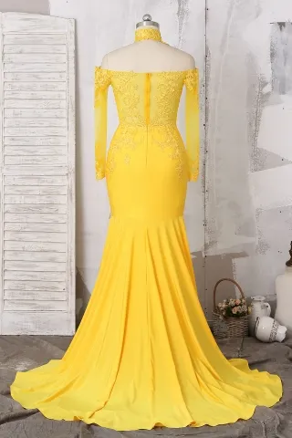 bright yellow long sleeve lace and jersey prom dress