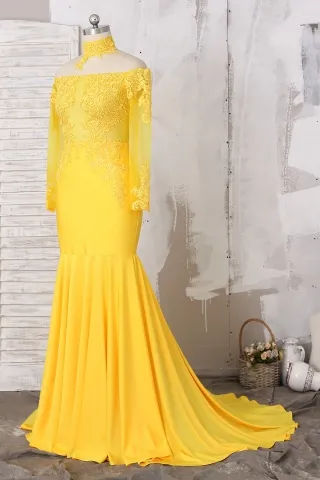 yellow choker off shoulder prom dress