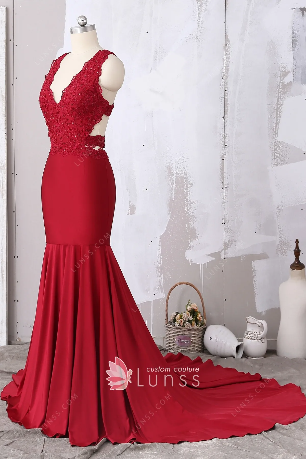 Scarlet Red Laser-Cut Trumpet Gown main image 0