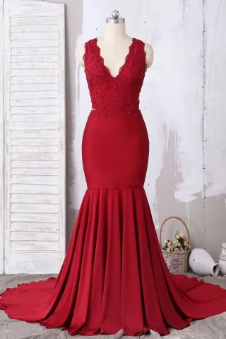 scarlet red beaded lace jersey v neck trumpet prom dress