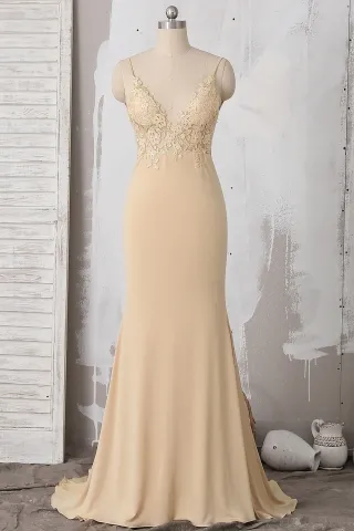 elegant champagne lace v neck mermaid jersey prom dress
