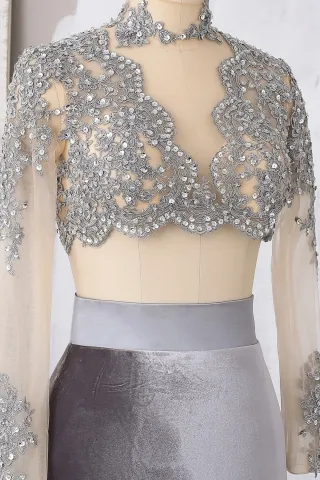 beaded illusion silver gray lace prom dress