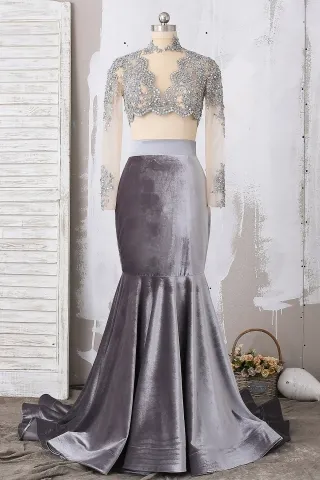 silver gray beaded lace and velvet two piece prom dress