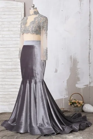 silver gray beaded two piece prom dress