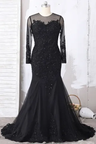 elegant beaded black mermaid long sleeve formal dress