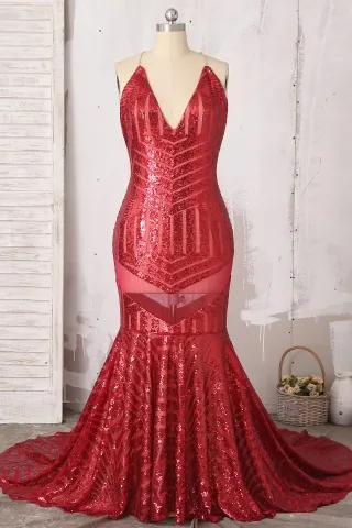 sheer cut out striped red sequin mermaid v neck prom gown