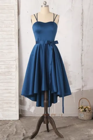 double strap inl blue satin high low homecoming dress
