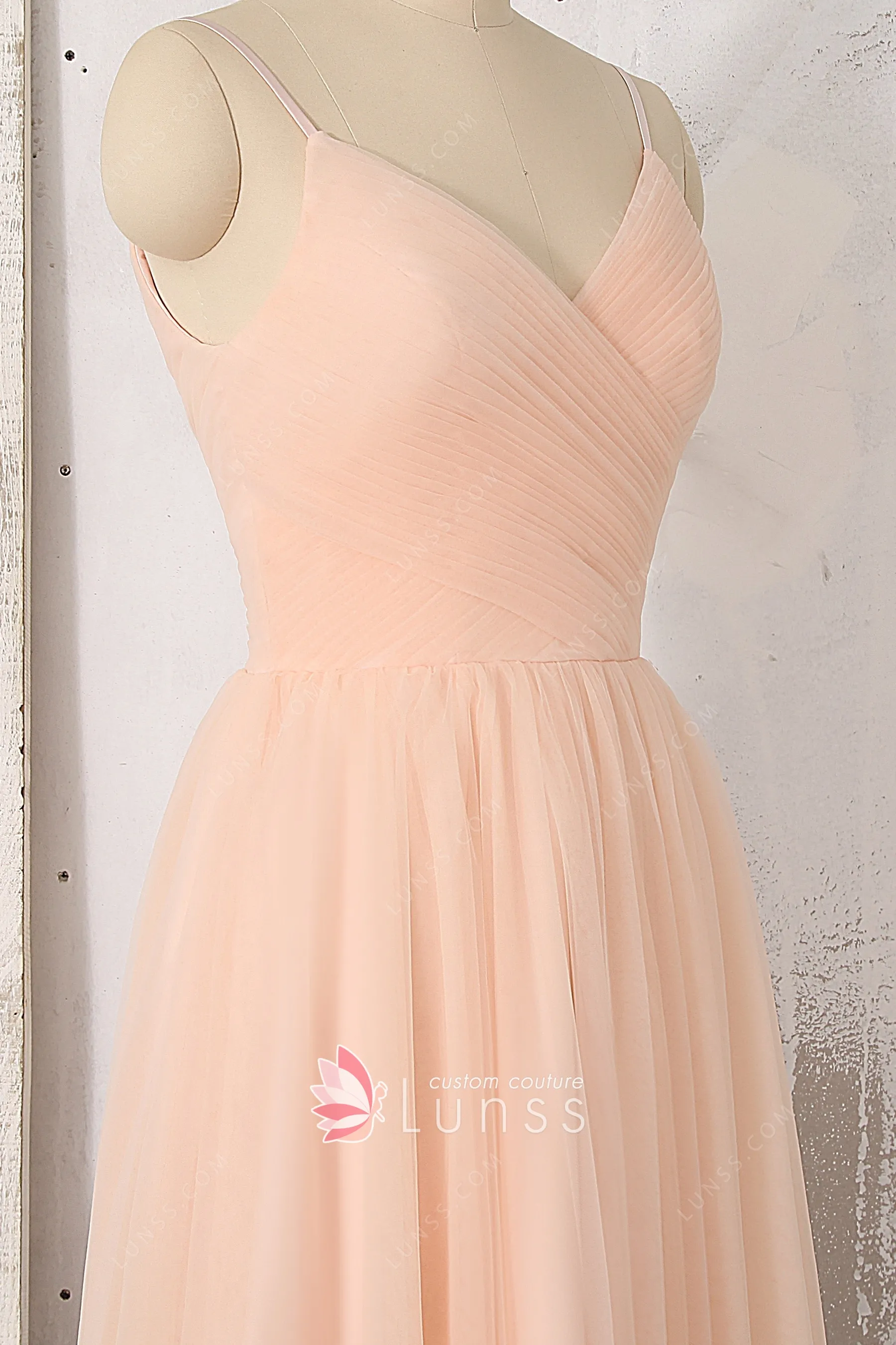 Criss-cross Pleated V-neck Peach Tulle Homecoming Dress - Lunss