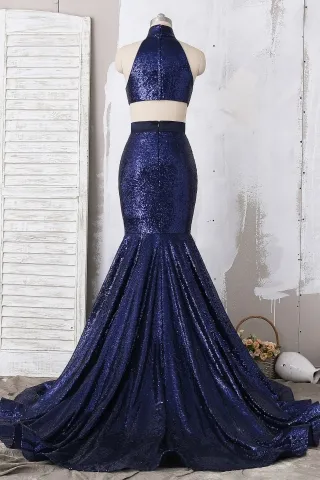 navy blue sequin high neck two piece mermaid prom dress with long train
