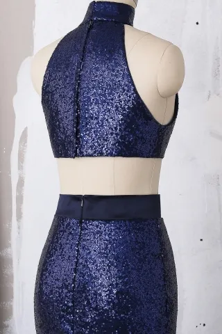 navy sequin sexy two piece prom dress