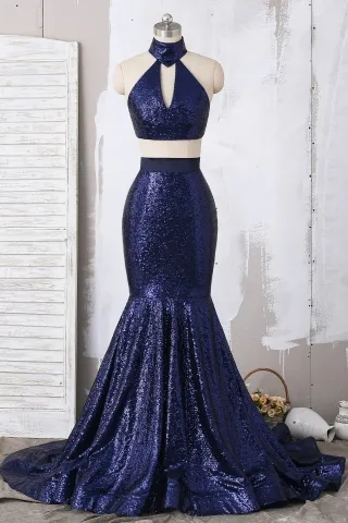 sexy navy blue sequin high neck two piece prom dress