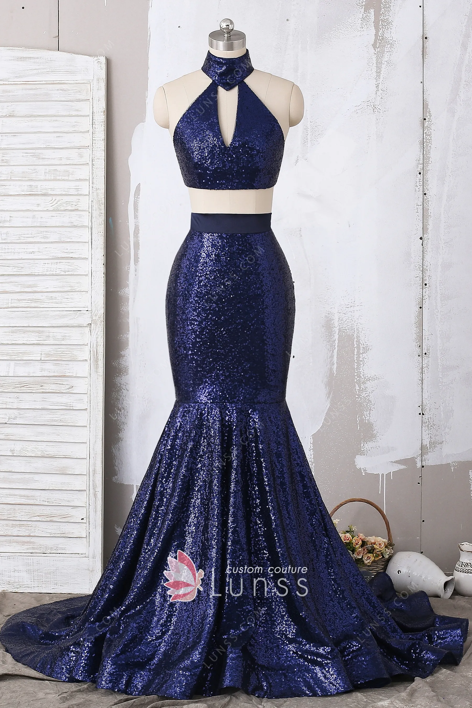 Sexy Navy Blue Sequin High Neck Two ...