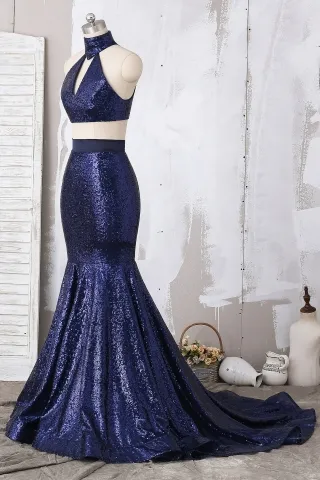 sexy navy sequin two piece prom dress