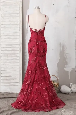 low back with spaghetti strap mermaid long prom dress