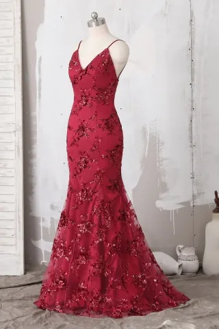 sequin lace wine mermaid long prom dress