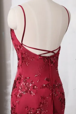 wine sequin lace low back prom dress