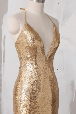 halter plunging V neck sequin prom dress