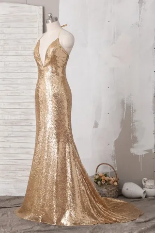 sexy gold sequin plunging v neck gown