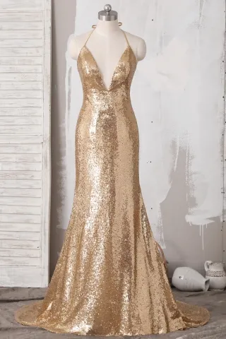 sparkly sexy gold sequin plunging v neck halter prom gown