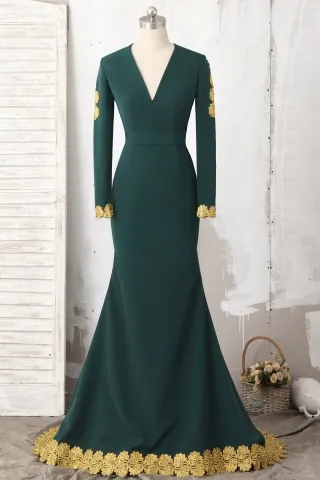 unique gold lace appliqued hunter green mermaid prom gown