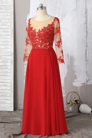 fancy red sheer lace chiffon prom dress
