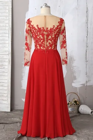 illusion long sleeve red lace and chiffon A line dress