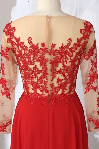 red lace illusion long sleeve dress