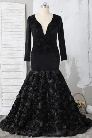 plus size black velvet 3d rosettes mermaid prom dress