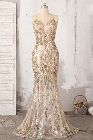 sparkly sheer gold sequin mermaid trumpet prom dress
